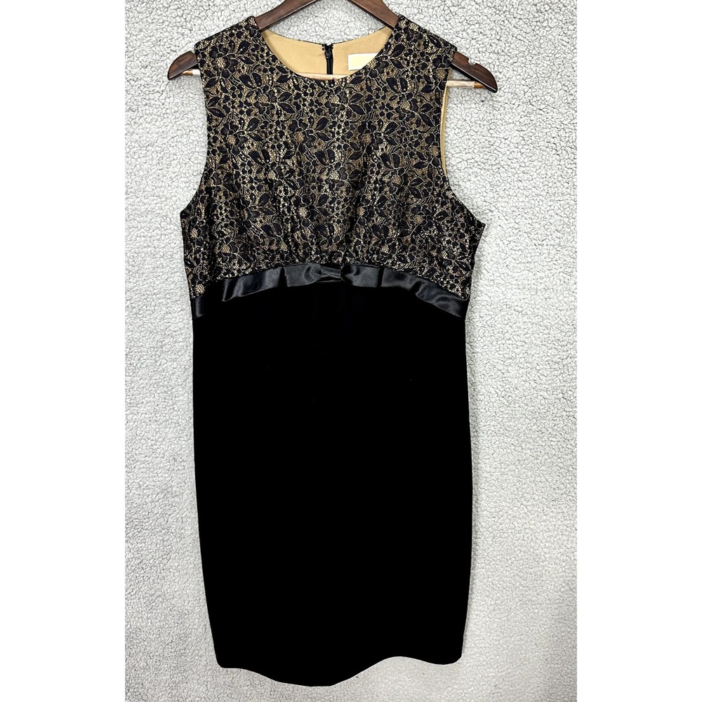 Michael Kors Sheath Dress Womens 12 Black Gold Lace Bow Cocktail Formal Evening